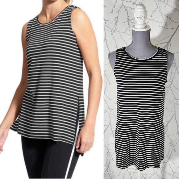 Athleta Black Striped Tencel Blend Crewneck Tunic Tank - Picture 1 of 4